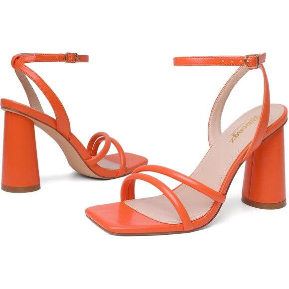 Women's Orange Square Open Toe Strappy Ankle Strap Block Heeled Sandals Shoes - Picture 8 of 9